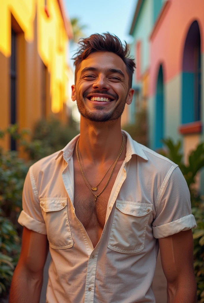 The image shows a guy with a friendly smile. He has brown hair, slightly wavy, and it covers his forehead a little. There are glasses or safety glasses with blue lenses on his head. A naked guy who is decorated with a blue scarf with a checkered pattern. He shows the peace sign (V-shaped gesture) with his right hand, on the fingers of which rings can be seen. The sleeves of his shirt are lined with a gold border, and a cuff with a dark stripe is visible on the left sleeve. And next to her, a naked beautiful Asian woman stands on jumps on his cock