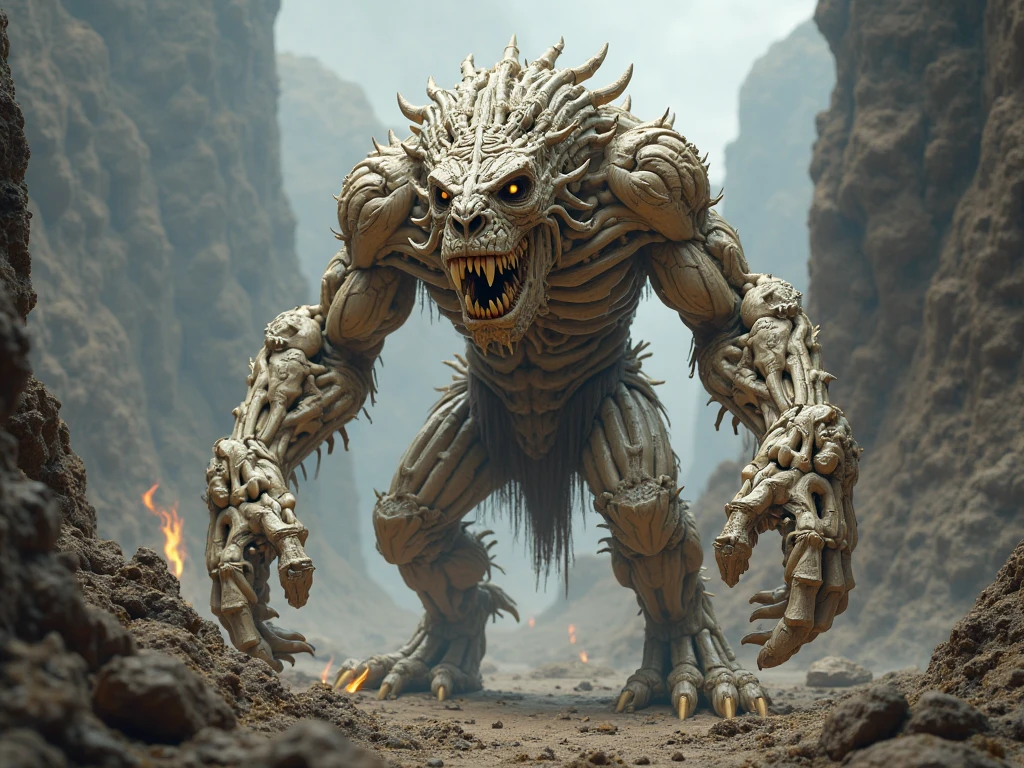 Top quality, masterpiece, old oriental background, 500 year old oriental monster, holding a staff, amulets thrown on the ground, old cliff background, detailed image texture, creepy, horror, creepy atmosphere (not AI image), cloudy weather, fog, low color image, creepy, character filling the screen, image from various angles, delicate skin expression, wrinkled skin, colorless skin (grayish), very tall, wearing red clothes