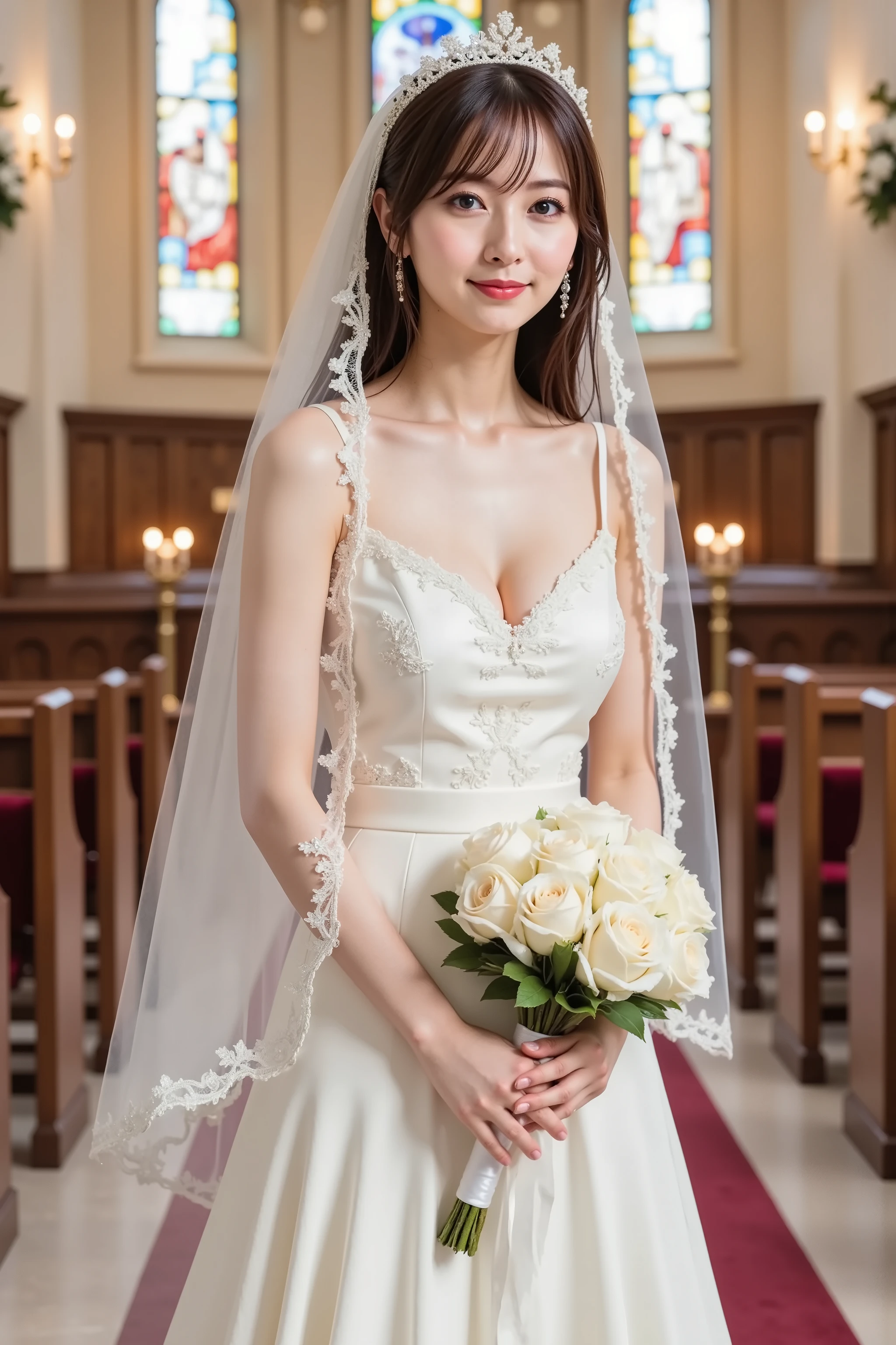 firm and big breasts, cleavage, A realistic photographic composition framed from just below the shoulders of a female bride standing inside a traditional Christian wedding chapel, ensuring her entire head is fully visible within the frame without any cropping. She wears an elegant white wedding dress featuring a fitted lace bodice with a sweetheart neckline and delicate pearl bead accents along the seams, contoured naturally just below the shoulders with fine scalloped lace edging and floral appliqués with translucent sequins that catch the light. A fingertip-length veil of ivory tulle drapes softly over her shoulders, its lace-trimmed edge floating above her arms. In her hands at waist level she holds a white bouquet composed of roses, peonies, and stephanotis bound with silk ribbon tied in a neat bow with trailing streamers. The background reveals polished wooden pews topped with burgundy velvet cushions and hymnals resting on racks, lining a central aisle covered by a white runner scattered with rose petals. A marble altar topped with a gilded cross stands at the far end, flanked by wrought-iron candelabras emitting warm ambient glow. Tall stained-glass windows depicting subtle pastel motifs softly blur into smooth circular bokeh through a shallow depth of field created by an 85 mm equivalent prime lens at f/2.2, producing colored highlight orbs from filtered daylight. The chapel walls feature off-white plaster, decorative molding, and floral garlands draped along railings, softened yet discernible. The composition is shot at eye level to preserve realistic perspective and proportions, with neutral white point calibration rendering true white fabric tones, ivory veil, and natural skin tones faithfully. just below the shoulders