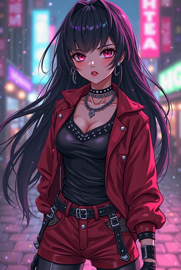 female, solo, dark skin, freckles, bright red eyes, wavy hair, very long black hair, ponytail, black rabbit ears, large breasts, fit, tattoo on arm, tattoo on face, tall, torn shirt, tight jeans, ripped jeans, black shirt, chocker, heavy eyeliner, small piercings, SFW:2, smile, playful, park, night, smoking, cleavage, leather jacket