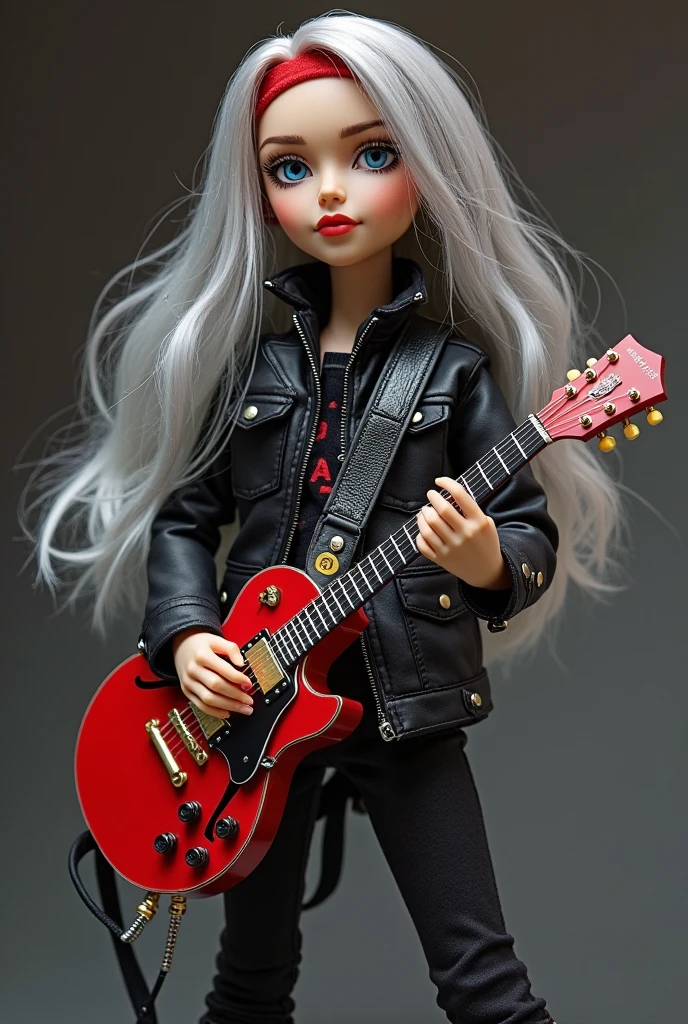 Russian style, girl children, portrait, long red hair with red leather jacket and black clothing, background with amplifiers and guitars,. --auto --s2