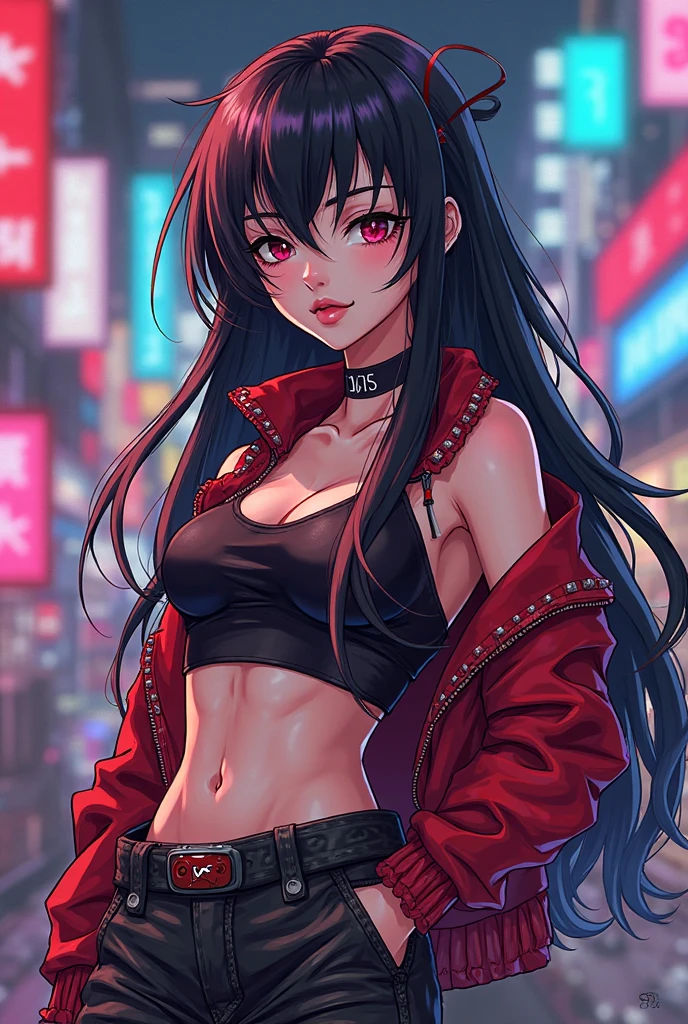 Ikaruga Luca, makeup, lipstick, red lipstick,large breast ,long hair, mature female, makeup, eyelashes, blush, lipstick, fur trim, mature female, gloves, fur-trimmed coat, outdoors, rooftop, cityscape, building, railing, night sky, scenery, city lights, masterpiece, best quality, highly detailed, a girls with a gun, evil smile , open mouth, sexy gaze, badass pose , evil smile, smile, (nsfw) not safe for work, guns blazing, anime girl with long hair, beautiful long haired girl, navel, evil expression, exposed belly, exposed navel, exposed midriff, exposed lower belly, long black pants, crop top, cleavage, unbuttoned leather pants ,open fly, low rise black leather pants, leather jacket, holding a gun, navel piercing