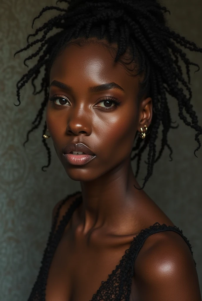 a dark skin afro ebony with short blonde hair, in french braid huge breast and detailed cleavage