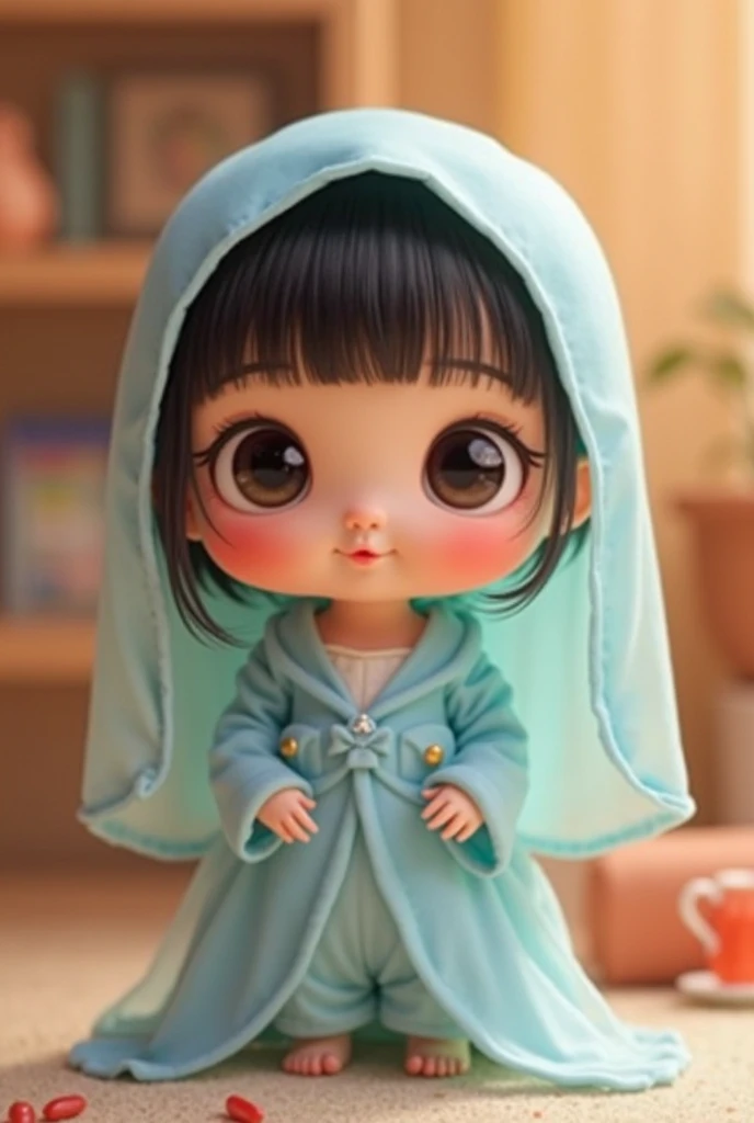 (((Chibi 3D))),Very cute and beautiful chibi anime girl//(Insanely detailed light blue fluffy towel gown:1.4), is wrapped around the body,バスルーム湯気が🧖♀️
