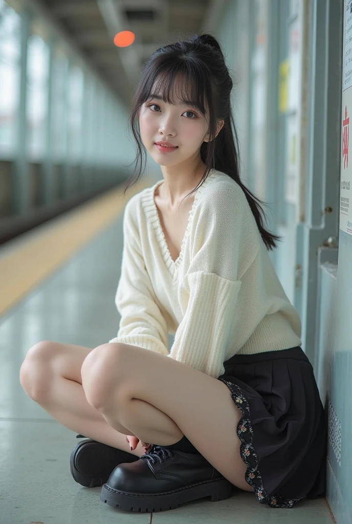 8k, Ultra-high resolution, Highest quality, masterpiece, 三分割法によるphotograph,Surreal, photograph, 1 Girl, (16 years old:1.3), pretty girl, Cute Face, Beautiful eyes in every detail, 細かくdetailedに,masterpiece,One Girl:1.2, Japan Female Announcer,upper body,blank expression,Black Hair,Messy hair,Station platform,風景photograph,Clean and modest clothing,Natural Makeup,Beautiful leg line beauty,Realistic Skin, Perfect and beautiful face ,完璧でCute Face, Skin with attention to detail, Perfect limbs、Narrow waist、Thin legs),Looking at the audience、beauty,Long neck、(((Ideal body type))),A cup small breasts :2,Portraiture:2,Perfect Anatomy,鮮明なdetailed,detailed,Surreal,Light and shadow,dappled sunlight