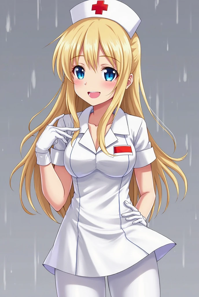 1woman, Nurse, schoolwear, Gorra de Nurse, Whiteware, ((Legwear blanco, The Great Passage)), white gloves, blond hair, blue eyes, pink lipsticks, They are smiling, Standing, sharp outline, short sleeve, a mature female, 16 year old, The best quality, masterpiece, infirmary, As the chest shows, Chest leak, rain on the face, pose sensual, aunt visible, naked tits, big tits, semi-naked , naked tits,