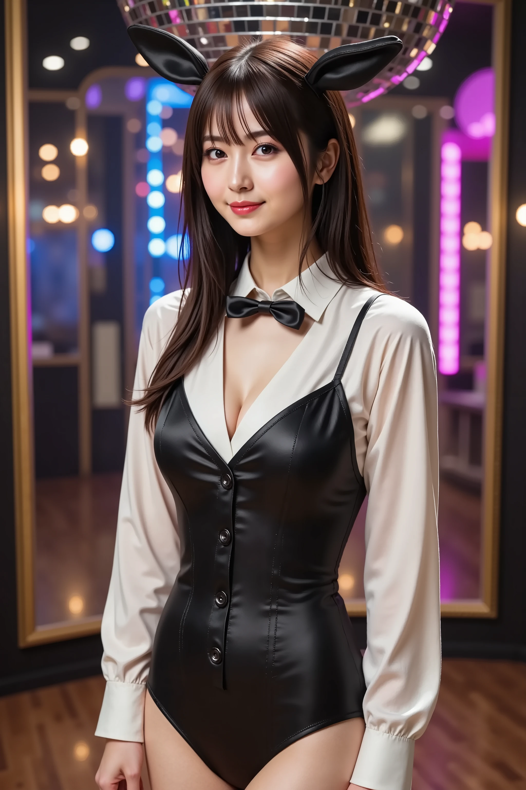 (8k, best quality, masterpiece, golden ratio composition,:1.3), (light makeup), (black Playboy bunny girl, rabbit ears:1.2), (Bunny suit, corset, bow tie, high cut, grin), 
(night bar, Red lighting), 30 yo beautiful woman, 
semi long hair
