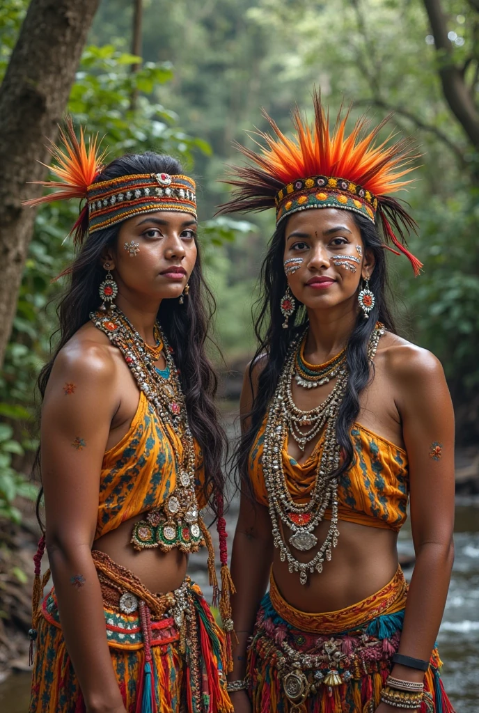 SFW. ((RAW photo, Best quality)), (Realistic, photo-realistic:1.2). A beautiful indigenous girl in native dress with feathers and feathers on her HEAD, Blue and red green macaw FEATHERS, jaguar on right. amazon indian peoples in brazil, beautiful young female brazilian Native girl, Hot body, body in good shape, very detailed face, Yanomami Indian in typical costumes,High quality. Amazonia forest Background. Cinematic lighting. 