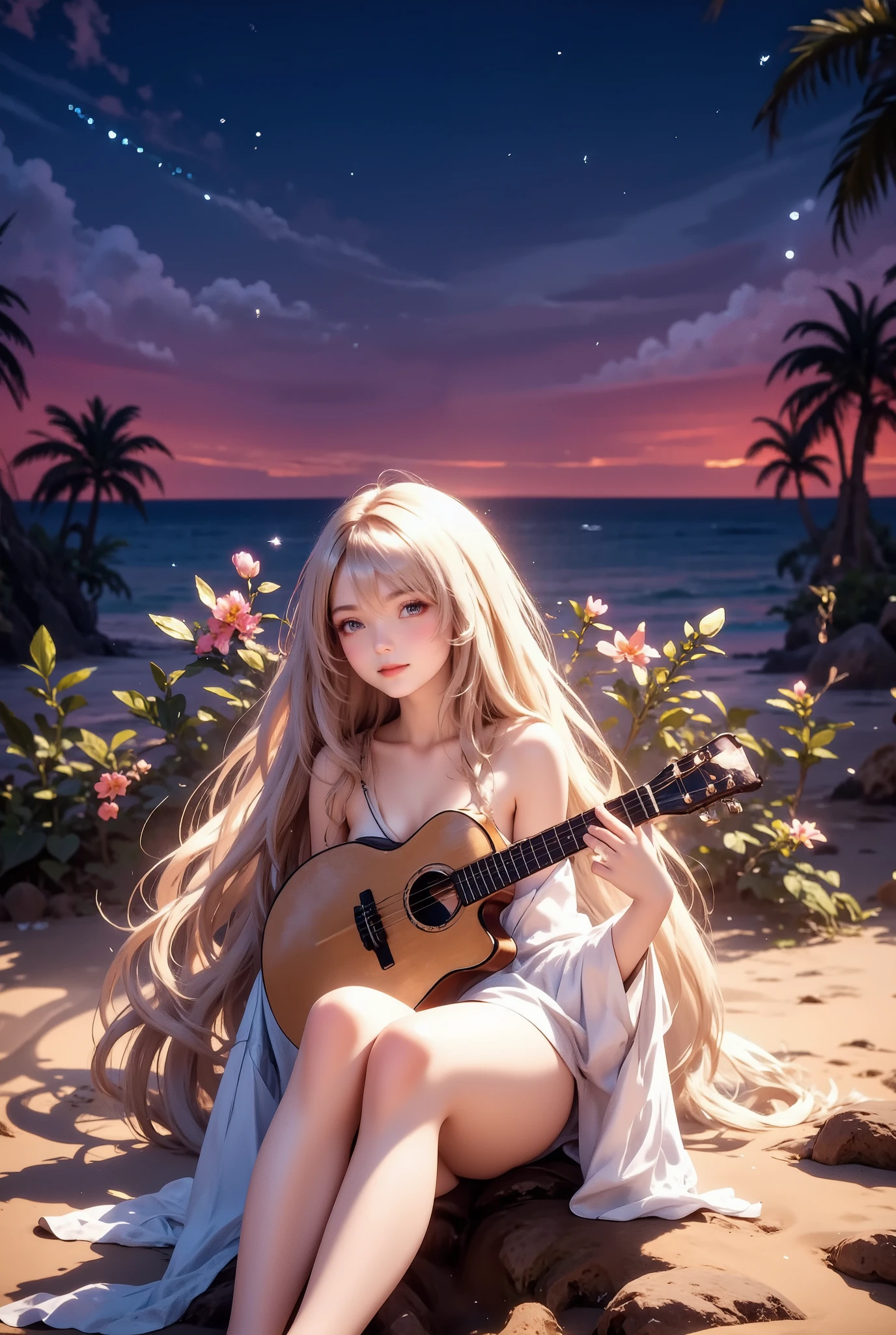 Hawaii, Lahaina beach, sunset, beautiful starry sky, western sky stained purple by the sunset sun, a solo beautiful sexy busty Viera girls, the Viera girl quietly playing ukulele on the beach, memorial song