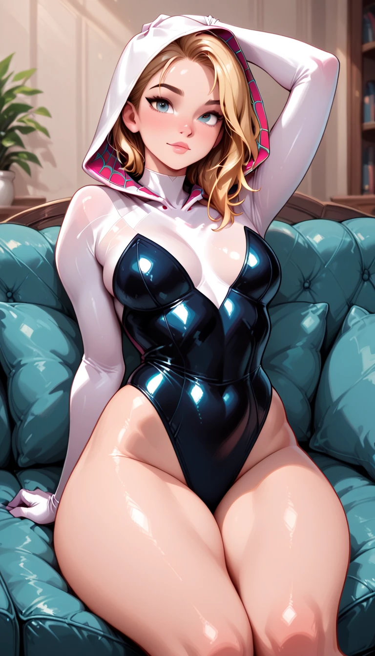 Spidergwen, having an orgasm, sweating, cum, ((cum in pussy)), (((dripping cum))), wet pussy, puffy pussy, sitting on a bed, smile, facing viewer