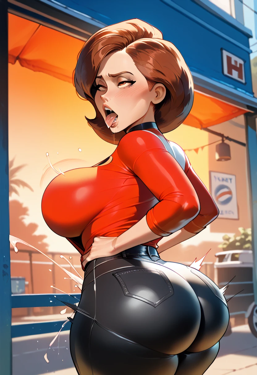(masterpiece:1.3), (highly detailed:1.3), (highres:1.1), best quality, Ultra-detail, 1girl, solo, looking at viewer, fiery tail, wolf ears, Sinder vtuber, cleavage, standing, excited, red top, black mini skirt, pleated skirt. midriff, brunette, seductive, big ass, from behind,