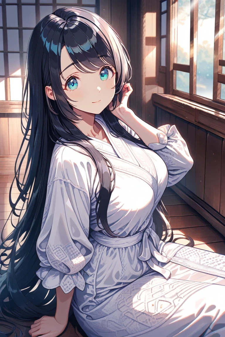 Simple white background, beige kimono,white rose print,kimono,wide sleeve,long sleeve, black eye, black hair,amount,parted bangs, 1 girl, 20 years,young woman,beautiful Finger,beautiful long legs,beautiful body,beautiful Nose,beautiful character design, perfect eye, perfect face,expressive eye,perfect balance, looking at the viewer,(Focus on her face),closed mouth, (innocent_big_eye:1.0),light_笑face, official art,Highly detailed CG Unity 8K wallpaper, perfect lighting,colorful, bright_front_face_lighting,shiny skin, (masterpiece:1.0),(Highest_quality:1.0), 超High resolution,4k,Super detailed, photo shoot, 8K, HDR, High resolution, disorganized:1.2, kodak portrait 400, film grain, blurred background, Bokeh:1.2, Lens flare, (lively_color:1.2),professional photos, (beautiful,big_chest:1.4), (beautiful_face:1.5),(narrow_waist)High resolution, Super detailedな, Highly detailed CG Unity 8K wallpaper, realistic, photo-realistic, RAW photo, 美しく詳細なface, white skin, realistic glistening skin, detailed hair texture, perfect body, beautifulface, Accurate, anatomically correct, 非常に詳細なfaceと肌の質感, natural neck length, (beautiful肌:1.2), beautiful legs, break, 細かいeye, 対称的なeye, bright茶colorのeye, double eyelid, thin eyebrows, (glossy lips:1.4), ((Smile gently while blushing:1.2)), (slender body shape:1.1), strong abdominal muscles, beautiful鎖骨, Cool Beauty, Glossy, Large Bust, Perfect Body,(((pantyless, braless)))