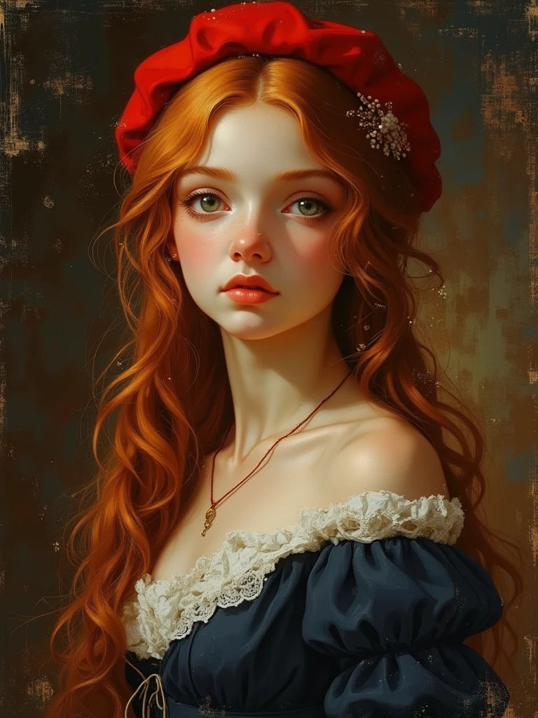 ((Romantic 19th century oil painting)), dreamy atmosphere, (very high resolution for classical painting), obra-prima, best quality, (Extremely detailed 8k academic style CG portrait), (best oil painting with romantic touch), (soft and dramatic shadows with visible brushstrokes), soft lighting, Golden and diffuse, natural and warm glow, ((21 anos)), mulher, long wavy red hair, intense and expressive green eyes, classic navy blue dress, elegant red beret, soft and luminous skin, beautiful and serene appearance, (((artistic bust portrait in classic vertical composition)))