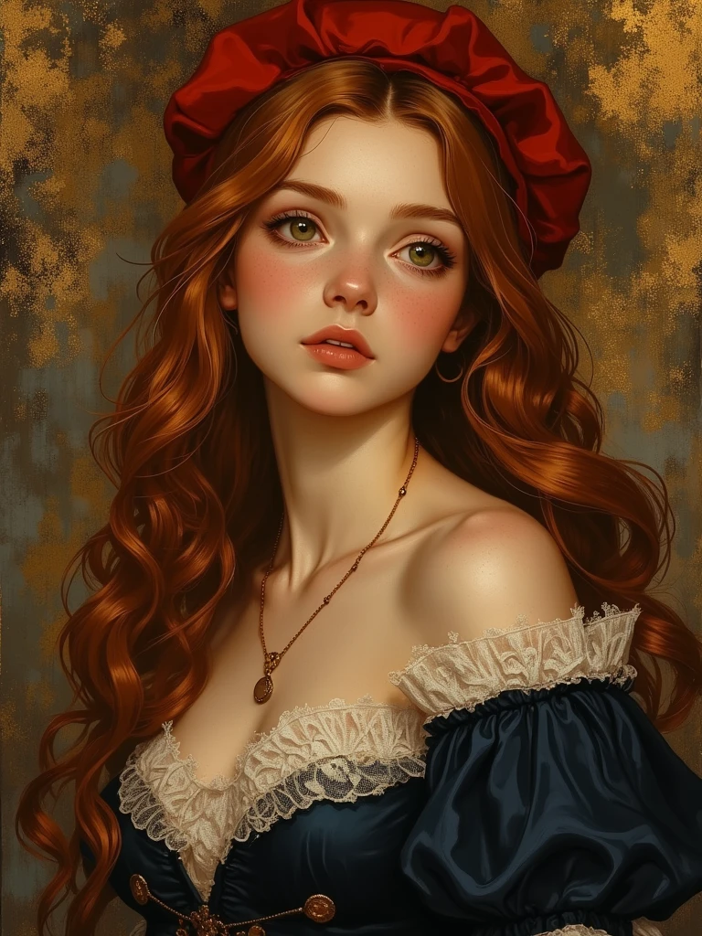 ((Romantic 19th century oil painting)), dreamy atmosphere, (very high resolution for classical painting), obra-prima, best quality, (Extremely detailed 8k academic style CG portrait), (best oil painting with romantic touch), (soft and dramatic shadows with visible brushstrokes), soft lighting, Golden and diffuse, natural and warm glow, ((21 anos)), mulher, long wavy red hair, intense and expressive green eyes, classic navy blue dress, elegant red beret, soft and luminous skin, beautiful and serene appearance, (((artistic bust portrait in classic vertical composition)))
