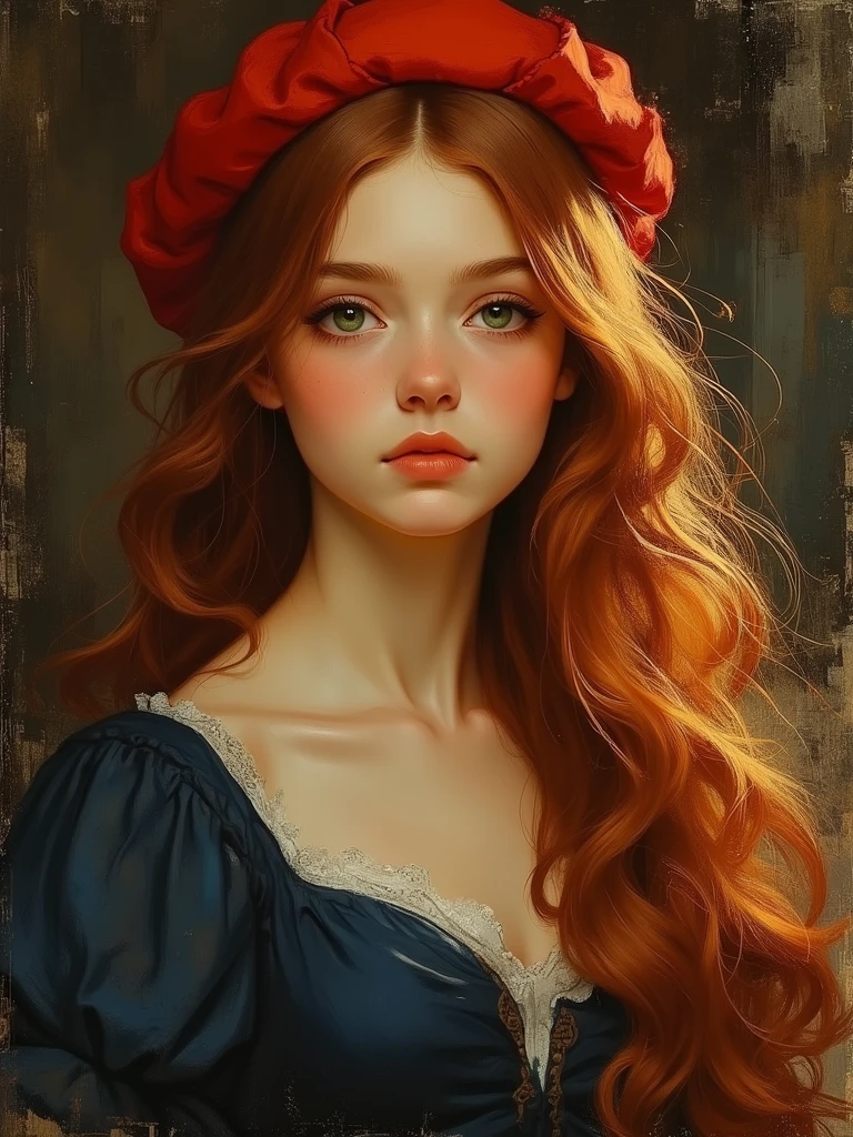 ((Romantic 19th century oil painting)), dreamy atmosphere, (very high resolution for classical painting), obra-prima, best quality, (Extremely detailed 8k academic style CG portrait), (best oil painting with romantic touch), (soft and dramatic shadows with visible brushstrokes), soft lighting, Golden and diffuse, natural and warm glow, ((21 anos)), mulher, long wavy red hair, intense and expressive green eyes, classic navy blue dress, elegant red beret, soft and luminous skin, beautiful and serene appearance, (((artistic bust portrait in classic vertical composition)))