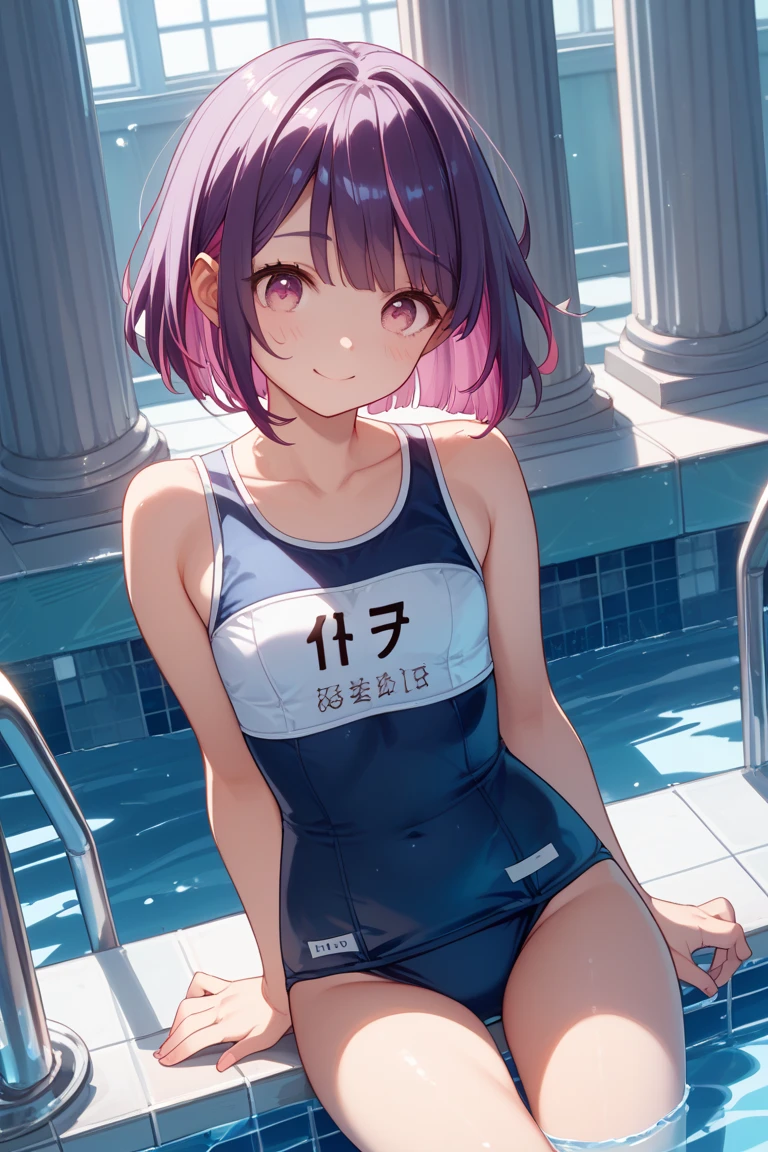 (((scrawny))),((Wheat skin)),(((160cm))),tanlines,(side ponytail,ahoge,One eye is covered by hair),((Purple Hair)),(fluorescent pink streaked hair),(Green Eyes),Slanted Eyes,BREAK,(School Swimsuit),Poolside,Green scrunchies