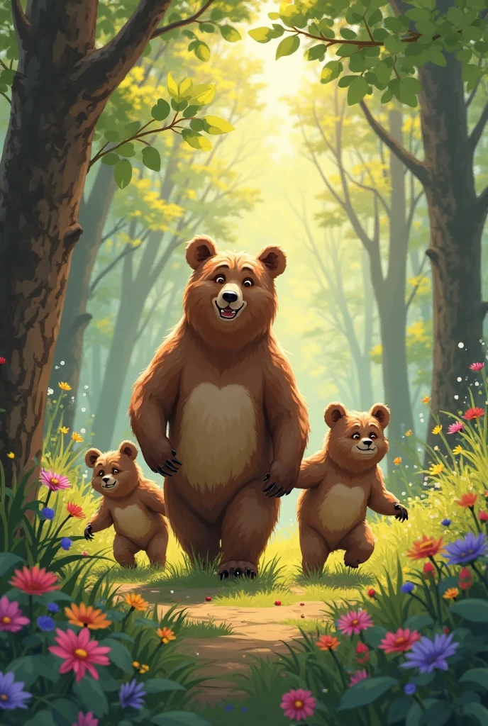 In the style of 4K quality viral cartoon digital illustration, the bear stood under the tree and Rahul and Mohan sat in the tree in fear. One friend said to another, " if we sit quietly like that, the bear will eat us."The other friend said," what to do then?"