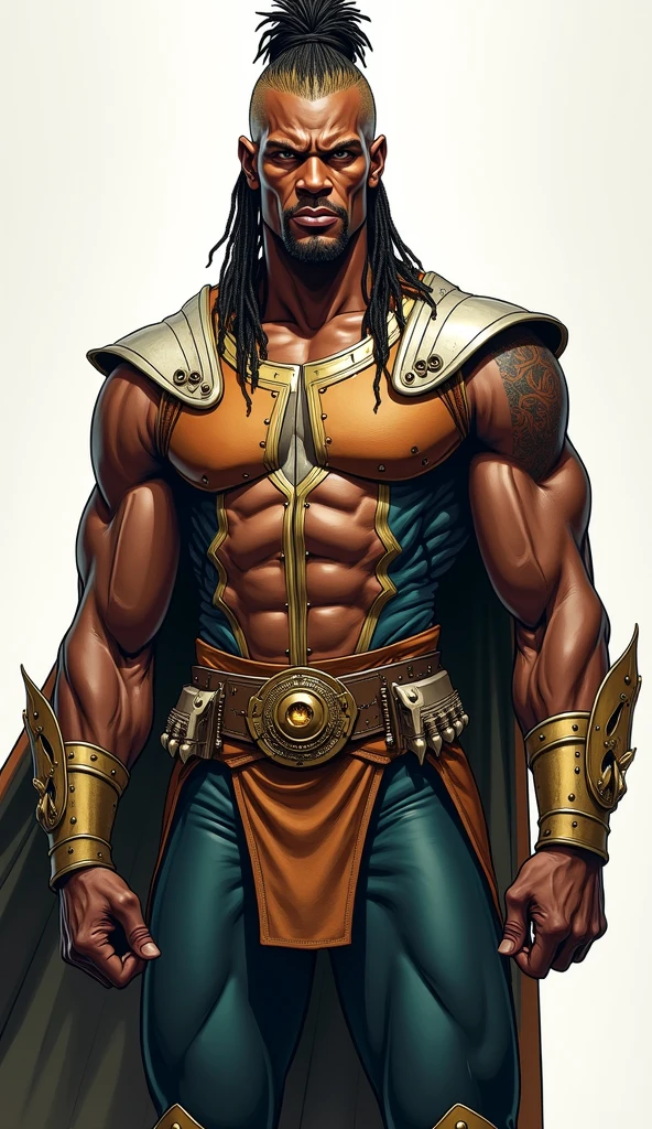 Create an image of a black ninja after an apocalypse in the future, afro cabelo caindo para frente, Rasta type but braided, corpo inteiro, vestindo um traje indiano ribulo africano corpo inteiro, A realistic 4K phoenix with blue feathers, dourado, cosmico , com uma  Moreno, de cabelo afro cabelo caindo para frente, Rasta type but braided, Estilo Art Vista de Corpo Inteiro, plano completo, vista frontal, Vista lateral, vista traseira, de personagem, Multiple views and poses, various points of view, um personagem, corpo inteiro, personagem com menos, estilo de roupa, no mesmo Estilo de cabelo, less Type of footwear, strong full-body vision, plano completo, vista frontal, vista traseira, design de personagem, Multiple views and poses, various points of view, de um personagem, corpo inteiro,, personagem com mesmo, estilo de roupa, no mesmo Estilo de cabelo, same type of footwearThe route follows the cores of the Cape Verde flag. The top is deep blue, simbolizando o oceano que cerca as ilhas. The chest and the central part are white, representando a paz e a unidade do povo cabo-verdiano. The sleeves and legs are red, denoting determination and spirit, do 10 Estrelas Douradas, : Ten gold stars are prominently displayed at the top of the costume, ao longo do peito e ombros, representando as 10 principais ilhas de Cabo Verde. Cada estrela, It is carefully detailed and shines brightly against the background Star Belt A wide belt, also golden, is used in Tribal Details, O traje incorpora elementos tribais discretos em seu design, referencing the cultural heritage of Cape Verde