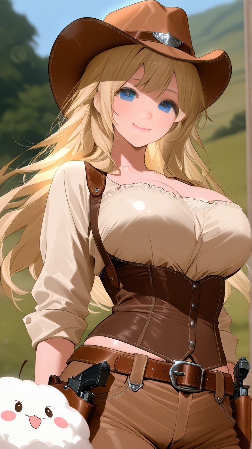 common woman, with big breasts, fine belt, large quadrille, jeans, whitening a wooden dowel.
