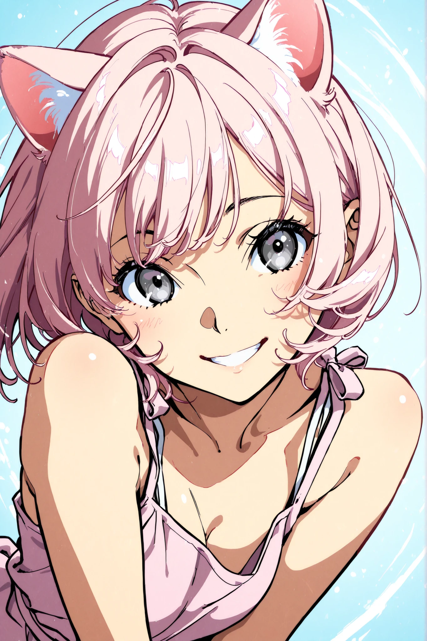 yoneyama mai style, dynamic pose, half body, 3/4 angle, masterpiece, high quality, pale pink hair girl, short tidy hair, pale pink cat ears, bluish gray eyes, anime style, adult face, cute, smiling