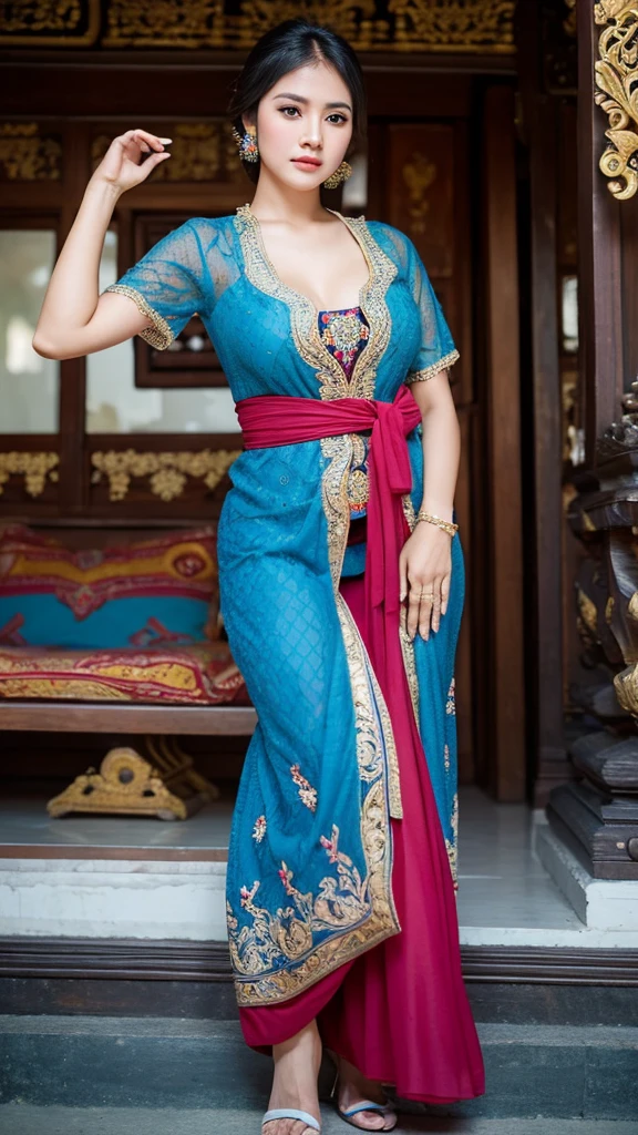 Detailed faces, Clear face, Beautiful Girl, Asian makeup, Red lips, Brown hair, Crown, medium body, big breasts, northern Thai Lanna costume, Tai Khun traditional outfit, wear cultural accessories such as golden bangle, silver bracelets, gold necklace and earrings, Antique, mid-sexy dress, gold and silver costume, HD, full body, Evening light, Buddha temple wall and column background , culture festival event