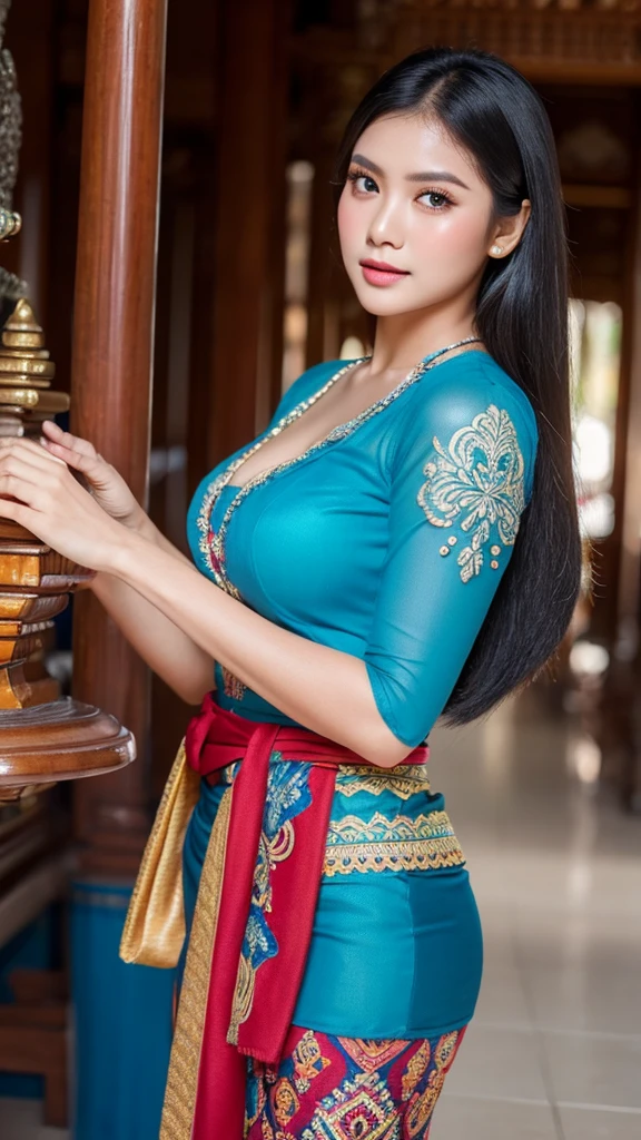 Indonesian woman with large breast in a colorful dress sitting on a stone structure, traditional beauty, beautiful oriental woman, karol bak uhd, with beautiful exotic, beautiful goddess, beautiful digital artwork, jaw-dropping beauty, by Rudy Siswanto, beautiful model, 8k)), beautiful woman, wearing ornate clothing, a beautiful fantasy empress, stunning woman, beautiful asian girl, masterpiece, best quality:1.2),,(8k,highres,RAW photo,realistic,photo-realistic:1.3),(detailed skin texture,detailed cloth texture,beautiful detailed face:1.25),professional lighting,photon mapping,beautiful soft light,radiosity,physically-based rendering,raytracing, model shoot style, model shoot style, (extremely detailed CG unity 8k wallpaper), full shot body photo of the most beautiful artwork in the world