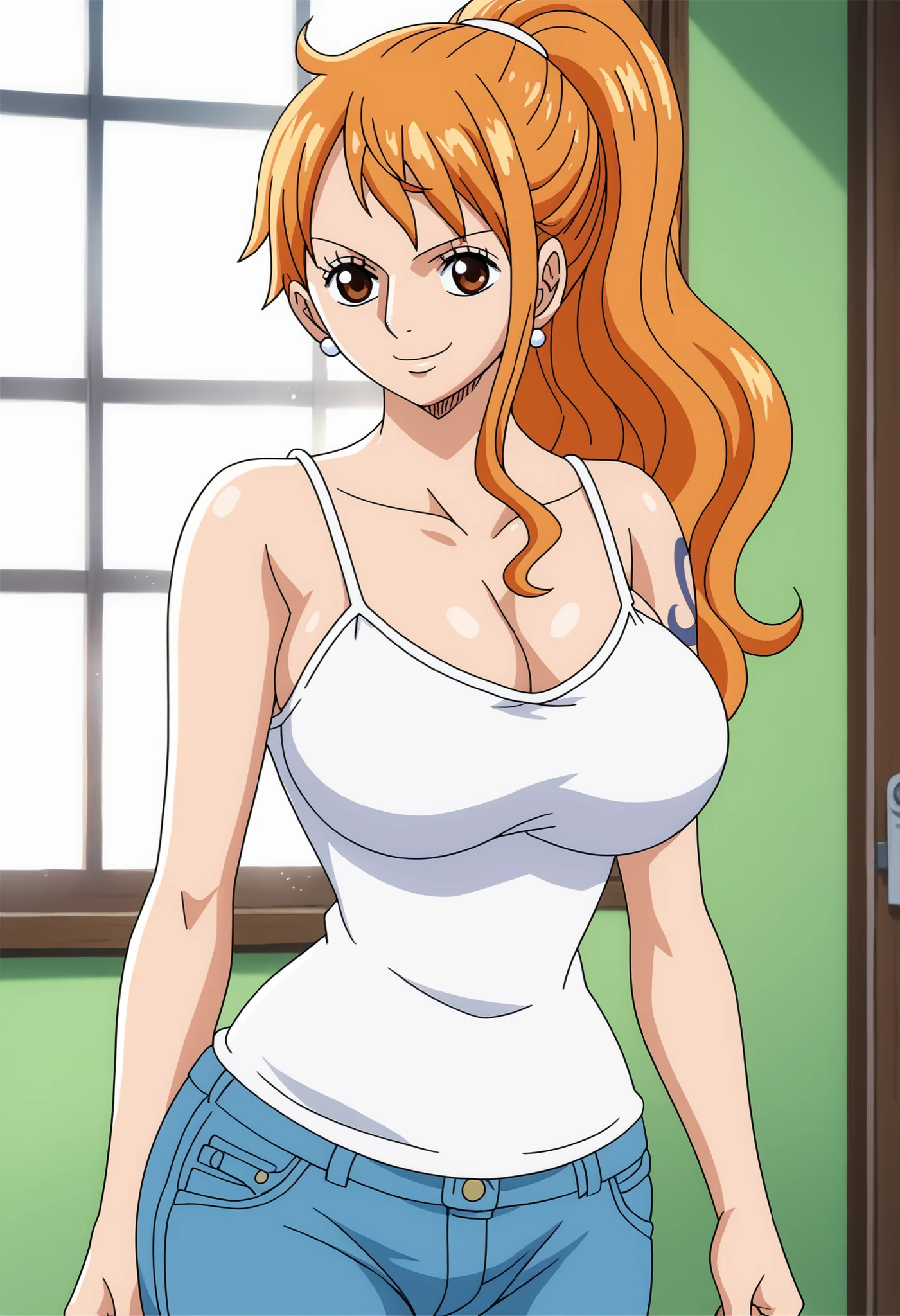 masterpiece, absurdres , (intricate details), (colorful),cinematic lighting, bust shot, extremely detailed CG unity 8k wallpaper, 1girl, Nami, Orange hair,complete Apron , long hair, nude, naked apron, kitchen, blush, looking at viewer, Nami
