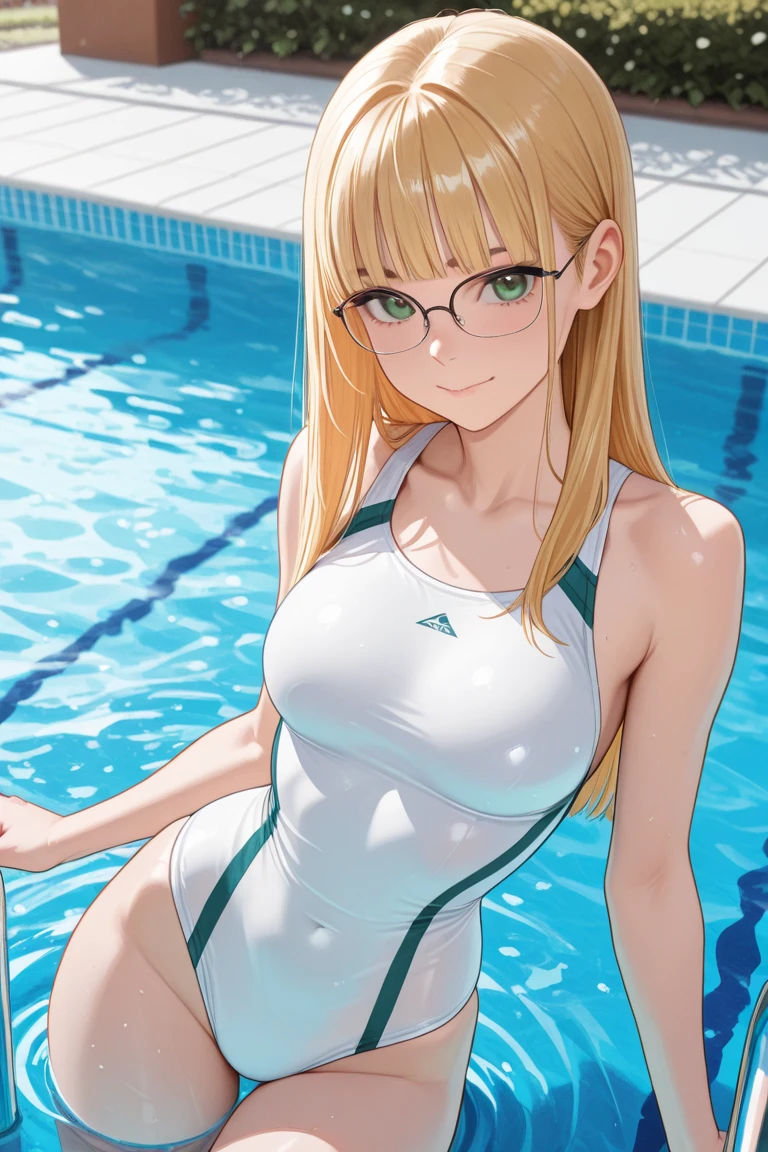 School swimsuit, white and blue swimsuit, one-piece swimsuit, adult, 22 years, blond hair, short hair, chignon hair cut, round glasses, blue eyes, beautiful eyes, small to mid-sized breast, neutral expression, uninterested look, tall girl, masterpiece, (masterpiece, best quality:1.2), highres, extremely detailed CG unity 8k wallpaper, perfect lighting, Colourful, ultra-high res,4K,ultra-detailed, photography, 8K, HDR, highres, indoor pool background, school,