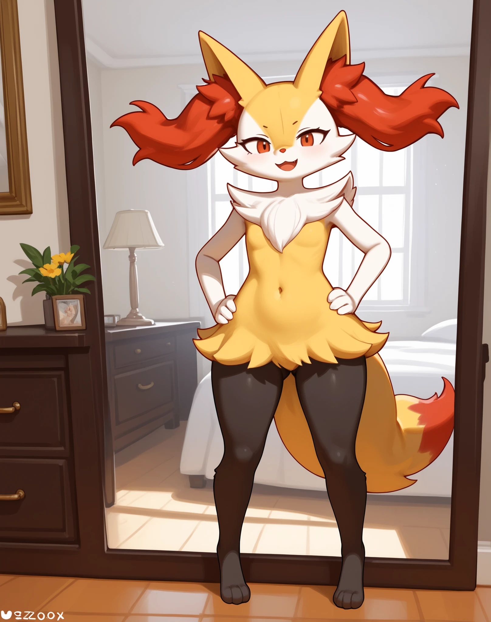sozinho, score_9,score_8_acima,score_7_acima, Anthropomorphic female Braixen, pov, inside the house, thick thighs, standing in front of the mirror, one hand on the hip, open legs, full body, convinced smile, piscar, 3D trend