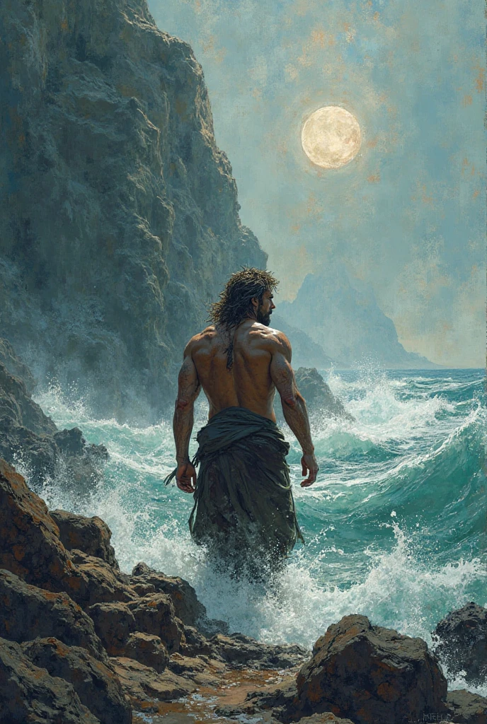 Oil painting, French style, Full body, beautiful 30 year old male, Side view, greg rutkowski, youthful, handsome french, shirtless, SCIENCE FICTION, long wavy hair, smooth soft skin, intricate details, highly detailed, by greg rutkowski, regency era, classic art, ((briefs)), full body