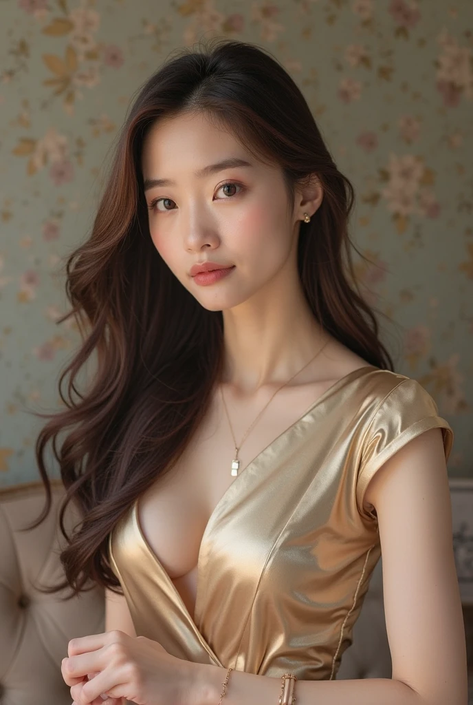 Tabletop、highest quality、Genuine、Very detailed、finely、High resolution、8k wallpaper、One beautiful woman、、、light brown disheveled hair、Wear a business suit、Sharp focus、Perfect dynamic composition、Beautiful and beautiful eyes、Thinning hair、Detailed genuine skin texture、smile、Close-up portrait、Model Body Type,((Gold Necklace＿Large earrings:1.2)),((A shy smile:1.3)),((Loosely inward wavy hair:1.2)),((Extra long brown hair:1.2))
