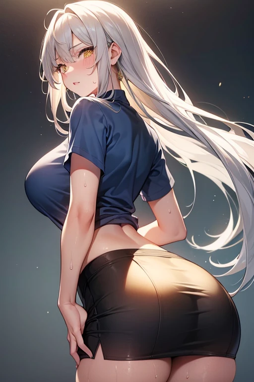 a girl with creamy white long hair taking a 1cm handkerchief to cover her one breast only, nude running in public area, looking by public general, realistic, showing sweat, showing butt