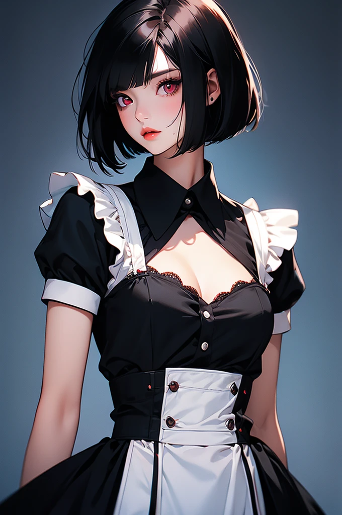 kellybody, (masterpiece:1.2, best quality, highres), (1girl, solo, cowboy shot), extremely detailed face, black hair, very short hair, blue eyes, (pale), (black maid), american,
<lora:kellybody:0.6>