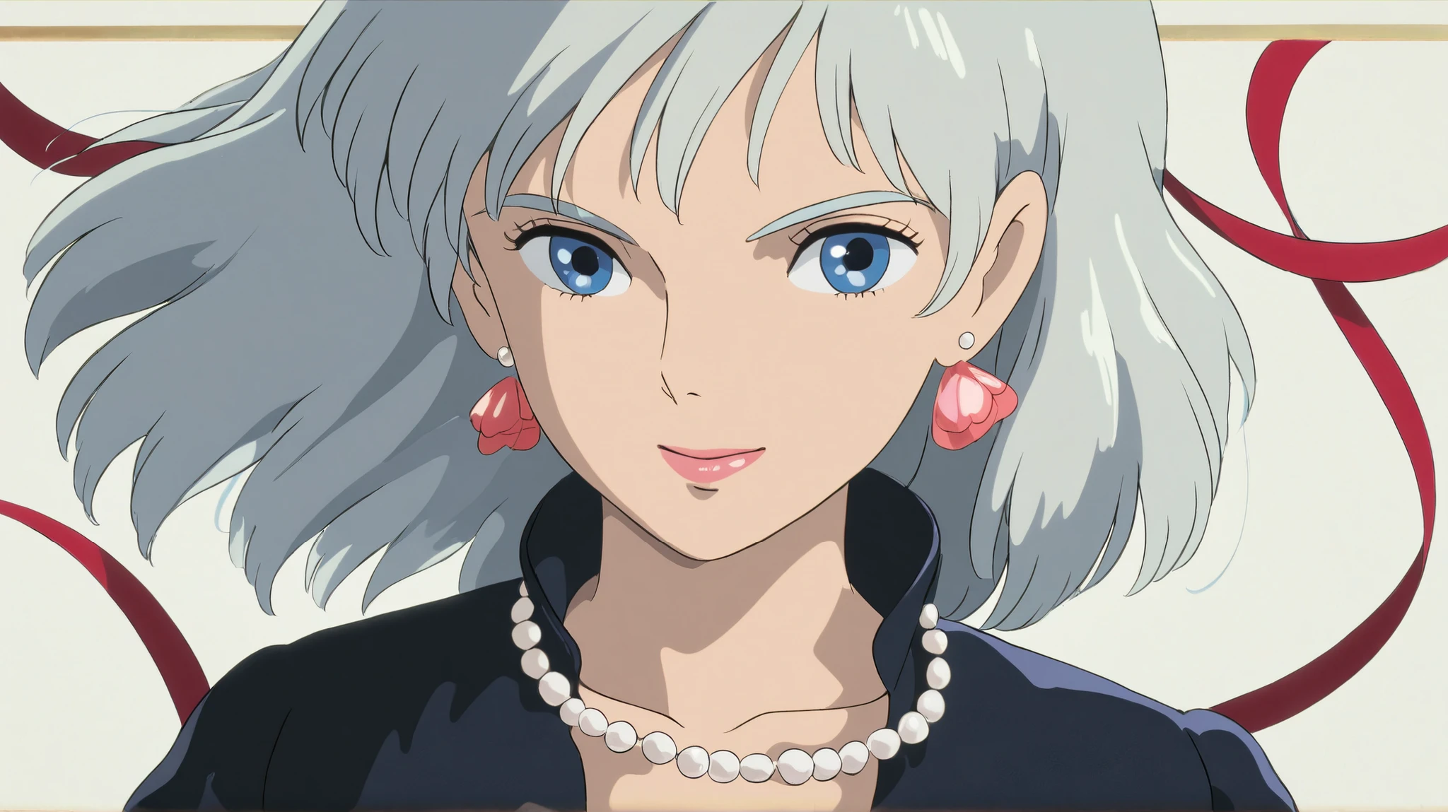 Studio Ghibli, hand drawn anime style,
masterpiece, high score, Total body length,
girl, Portrait, Illustrations, silver hair, blue eyes, black jacket and miniskirt, Red Ribbon, pearl necklace, flower earrings
 
