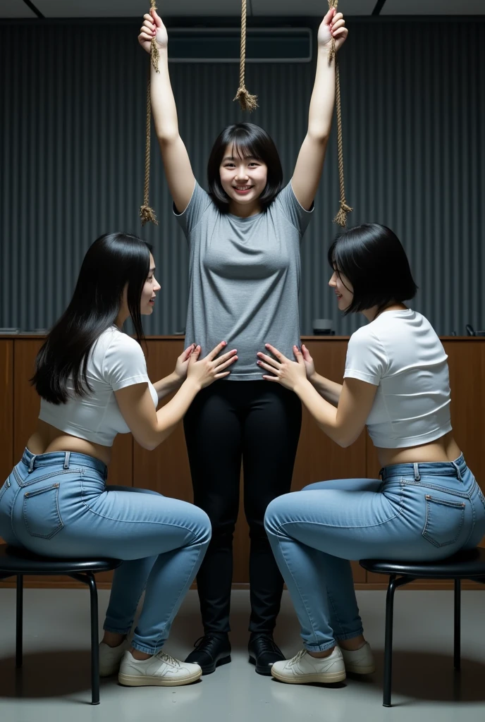  (((short-torsoed Japanese girl tied up by chain,arms up))), natural front lighting, ultra sharp focus, braided twin hair, large eyes with long eyelashes and double eyelids, dynamic angle,red lip,smile, (huge breasts), (full body shot:2),  (slender waist),(thin long legs), wearing bikini