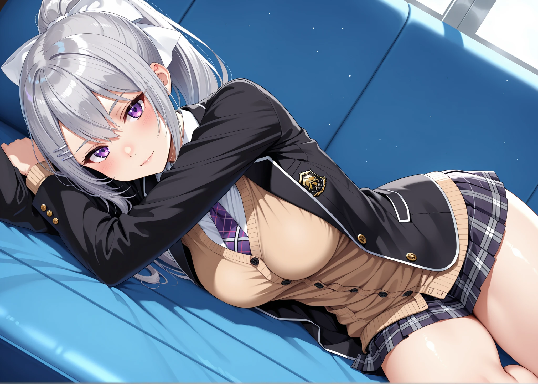 best quality, amazing quality, highres, absurdres, very aesthetic, high resolution, ultra detailed, perfect details,nijikaede,purple eye,grey hair,long eyelashes,long hair,ponytail,white bow,hair pin,nijikaedecos,white shirt,purple necktie,plaid necktie,brown cardigan,button cardigan,blazer jacket,black jacket,open jacket,miniskirt,pleated skirt,plaid skirt,light smile、tsurime,anime keyvisual,medium breasts,thick thighs,hanging breasts,look at viewer,lie on own side