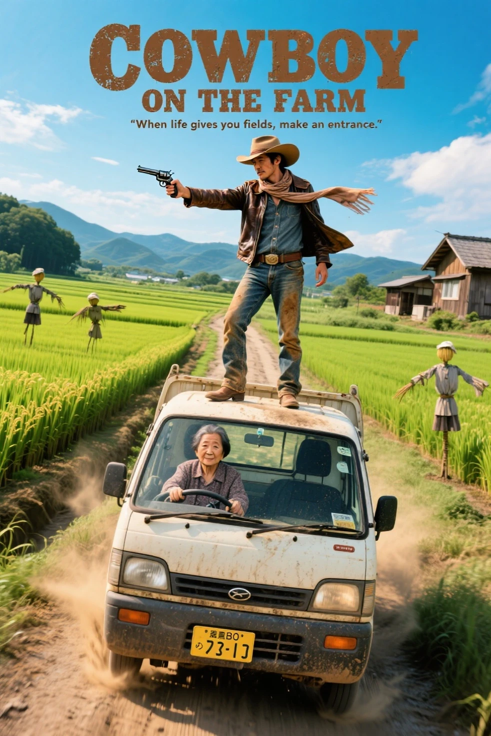a cinematic movie poster featuring a rugged cowboy standing proudly on the back of a small dusty Japanese kei-truck driving through narrow dirt roads surrounded by lush green rice fields under a bright blue sky,
the cowboy wears a wide-brimmed hat, a rugged leather jacket, dusty jeans, holding a worn revolver confidently in one hand, balancing casually as the truck bounces along,
in the driver's seat, an elderly Japanese woman with a calm, unbothered expression steers the kei-truck as if it were completely normal,
the background shows endless vibrant rice paddies, scarecrows, distant low mountains, and small wooden farmhouses,
dynamic low-angle shot capturing the absurd majesty of the scene,
the cowboy's coat and scarf flutter dramatically in the breeze,
bold adventurous title at the top: "COWBOY ON THE FARM",
humorous tagline below: "When life gives you fields, make an entrance.",
highly detailed, cinematic humor style, masterpiece quality