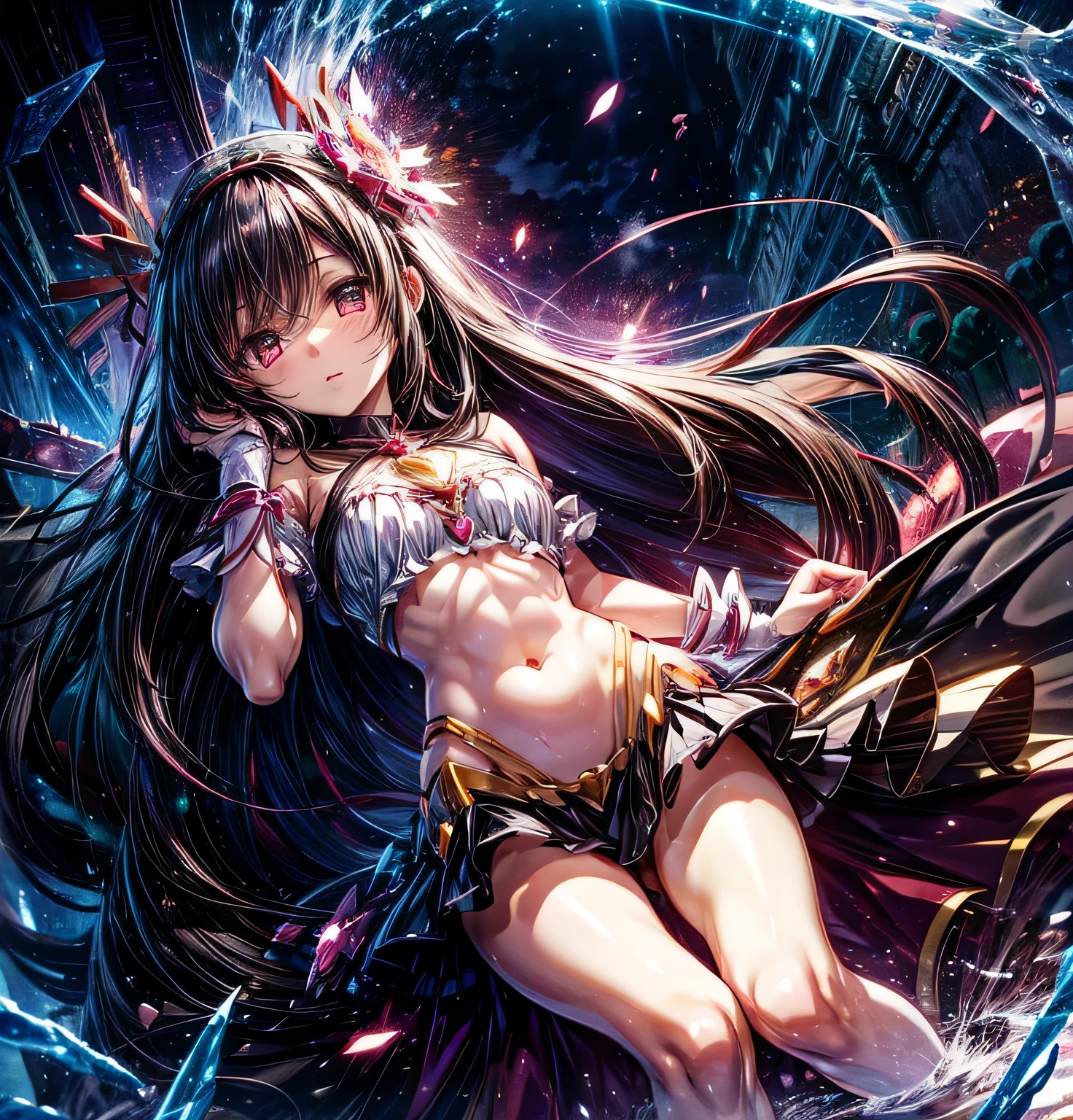 (masterpiece)、(absurdres)、(ultra detailed)、solo lady、dark blonde hair:1.2,(straight long hair)、BREAK、(shiny blue eyes:1.0)、BREAK、(athletic)、[flat chest]、(during:0.9)、(pierce:0.8)、(bracelet:0.7)、BREAK,(A large white flash of lightning on his neck)、A large amount of white and pink petals floating in the air、BREAK,cowboy shot,serious,