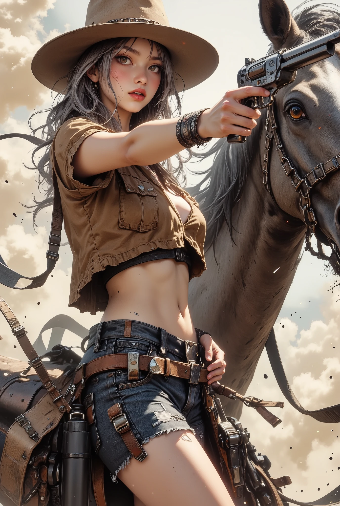 (((Macro))), close up shot : 1.8, profile, (((side view))), from side, Tattoos on the body, A cinematic and surreal western scene, She wears a beige cowboy hat, a cropped sleeveless brown shirt, and distressed denim shorts with visible gun holsters on each hip. 1 girl, beautiful slim busty japanese woman, Beautiful woman, (((Cleavage, Big Breasts))), (Sweaty:1.4), Full body, soft silver hair, A sexy cowgirl rides a very big horse forward quickly, causing dust and smoke to fly on the ground, her hair fluttering in the wind. (((aiming a shotgun))), (((point a shotgun at the camera))), (trigger discipline), emphasizing her stance and power, adding depth and a sense of openness to the scene, Tattoos on the body, (((aiming a shotgun))), (((point a shotgun at the camera))), (trigger discipline), emphasizing her stance and power, adding depth and a sense of openness to the scene, depth of fields, blurry backround, Looking seductively at camera, Small hands. High Definition, masterpiece, Accurate, top quality, High Definition model, high detail, beautiful detailed, beautiful hair, high resolution, 32K, realistic rendering, (Masterpiece, Hi-res: 1. 2), ultra-realistic details, depth of fields, blurry backround, Looking seductively at camera, Juicy lips, Cleavage. (big breasts:1.8), perfect body, ((five fingers)), (Anatomically correct), Her body posture is dynamic, The background is a blurred, jima, energetic composition, cinematic light, dramatic lighting, (detailed body : 2.0), (dynamic : 2.0), (intricate details : 1.1), hkstyle,