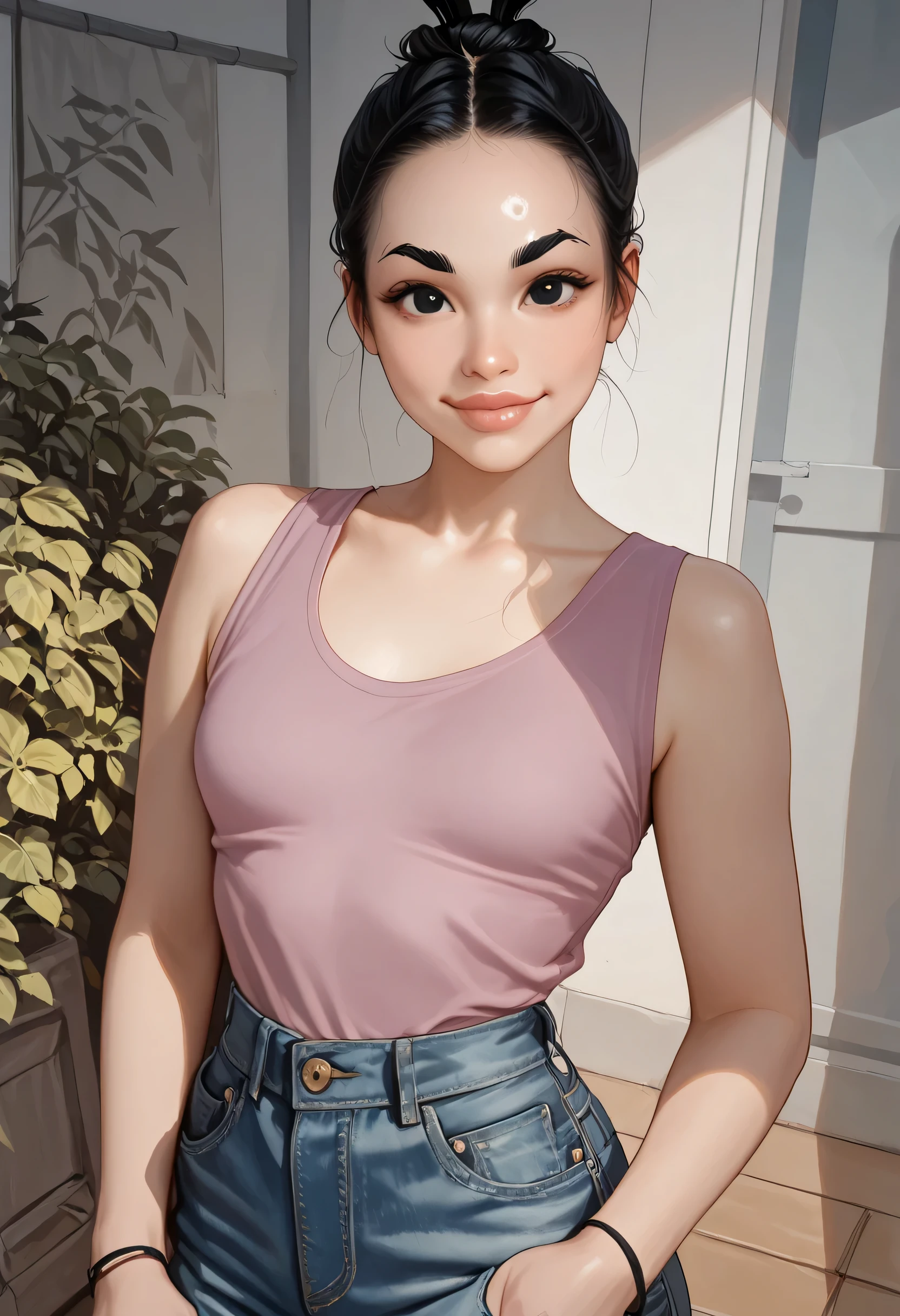 1girl, looking at viewer, black hair, (top knot hair bun), (forehead), ponytail, black eyebrows, thin eyebrows, black eyes, nose, lips, thick lips, smile, tank top, blue tank top, small breasts, denim pants, jeans pants, standing