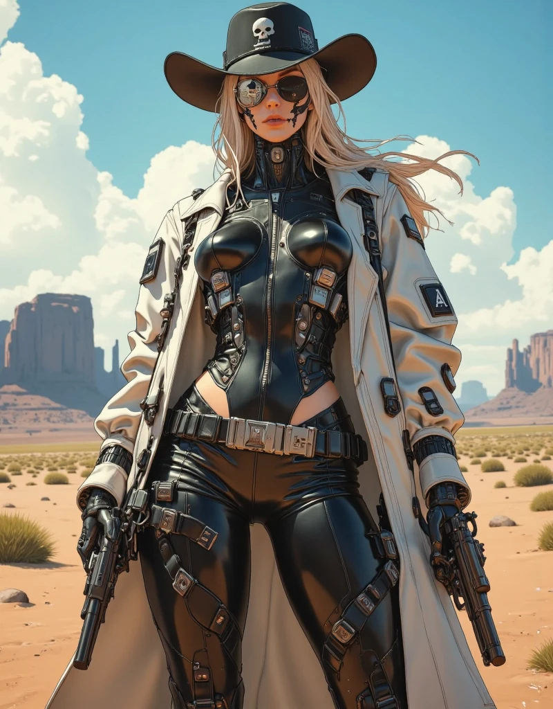 (wild west black and white 19th century photograph style: 1.5) picture of a female vampire cowboy in the desert night, a goth beauty, exquisite beautiful female vampire, ((anatomically correct: 1.5), (ultra detailed face: 1.2), best detailed face, red glowing eyes, full body, busty, wearing white bottom shirt, short skirt, dynamic color. wearing (Gambler Crease hat: 1.2), wearing high heeled boots, wearing open black trench coat, flowing trench coat, (pistol in a holster: 1.1), it is night time in the desert, moon light. moon rays, west America desert canyon background, Hyperrealism style, vibrant, Ultra-high resolution, High Contrast, (masterpiece:1.5), highest quality, Best aesthetics), best details, best quality, highres, ultra wide angle, 16k, [ultra detailed], masterpiece, best quality, (extremely detailed) RAW, chumbasket art style, rpg portrait photograph,