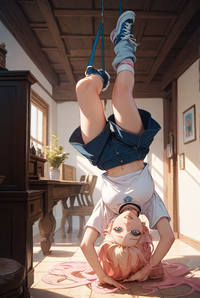 in 8K、top-quality、masterpiece、ultra-detailliert、Ultra-high resolution、((1 persons))、 Beautiful detailed eyes , poneyTail、a yellow hair、Braided hair、makeups、Home、sitting down on the floor、bare-legged , the legs are open。look at the camera , perfect hands, complete anatomy), nude , naked , M-shaped legs, women opening legs , spread legs , hands up , tied to a chair in a basement, restraint, bdsm, restrained legs, restrained arms, bound, bound to chair, rope, tied with ropes, beautiful body, beautiful face, tied to chair with ropes, restrained body, unable to move, bondage ropes, tied up, machine bondage, fully restrained body, ropes everywhere, strictly tied, hardcore bondage ropes, machine bondage,glasses