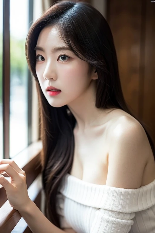 , (Mature body), Solitary,Long gray hair,black hair color, Off-shoulder, black eyes,1 Sister,A sexy pose,best quality,masterpiece,light,Extremely exquisite and beautiful,CG,Unite,8k wallpaper,Astonishing,detailed,masterpiece,Official Art,The content is very detailed Cg Unite 8k wallpaper,Extremely ridiculous,Huge file size,ultra - detailed,high resolution,The content is very detailed,Beautiful and delicate girl,Practical,full,Hotel Room,Light Contrast, Lopez, fully body photo, full, White under underwear
