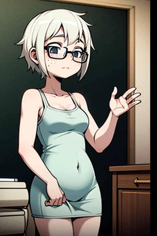 1girl, yamashita, white hair, glasses, masterpiece, expensive quality, very_expensive_solve, big_file size, full color,(completely nude:1.2),pussy,niplles,( kid),