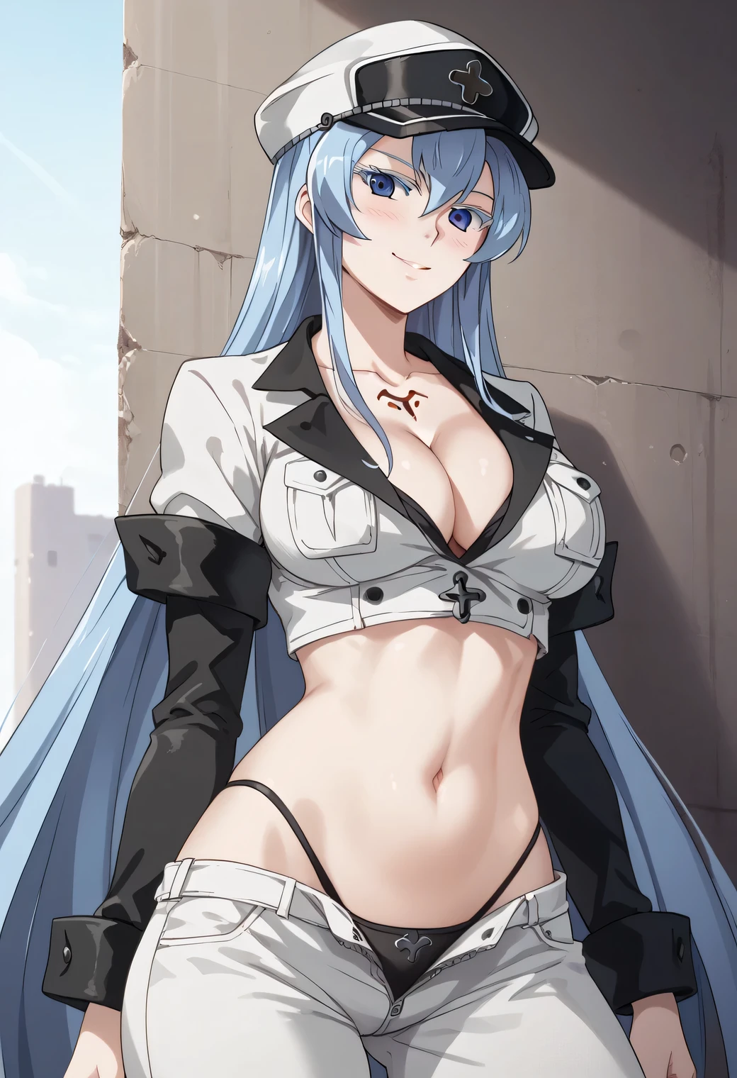 A painting of a woman with blue hair and a red bra top, Red bra, asuka suit under clothes!, The upper part of the body, inspired by Rei Kamoi, digitally colored, Covered breasts, Oppein Proportions, ff Tifa, SFW version, Biomechanical OPPAI, breasts covered and sfw, brassier, jacket over bare torso, chest up bust shot ,Tightened,Black tights,White shirt,Black professional skirt,