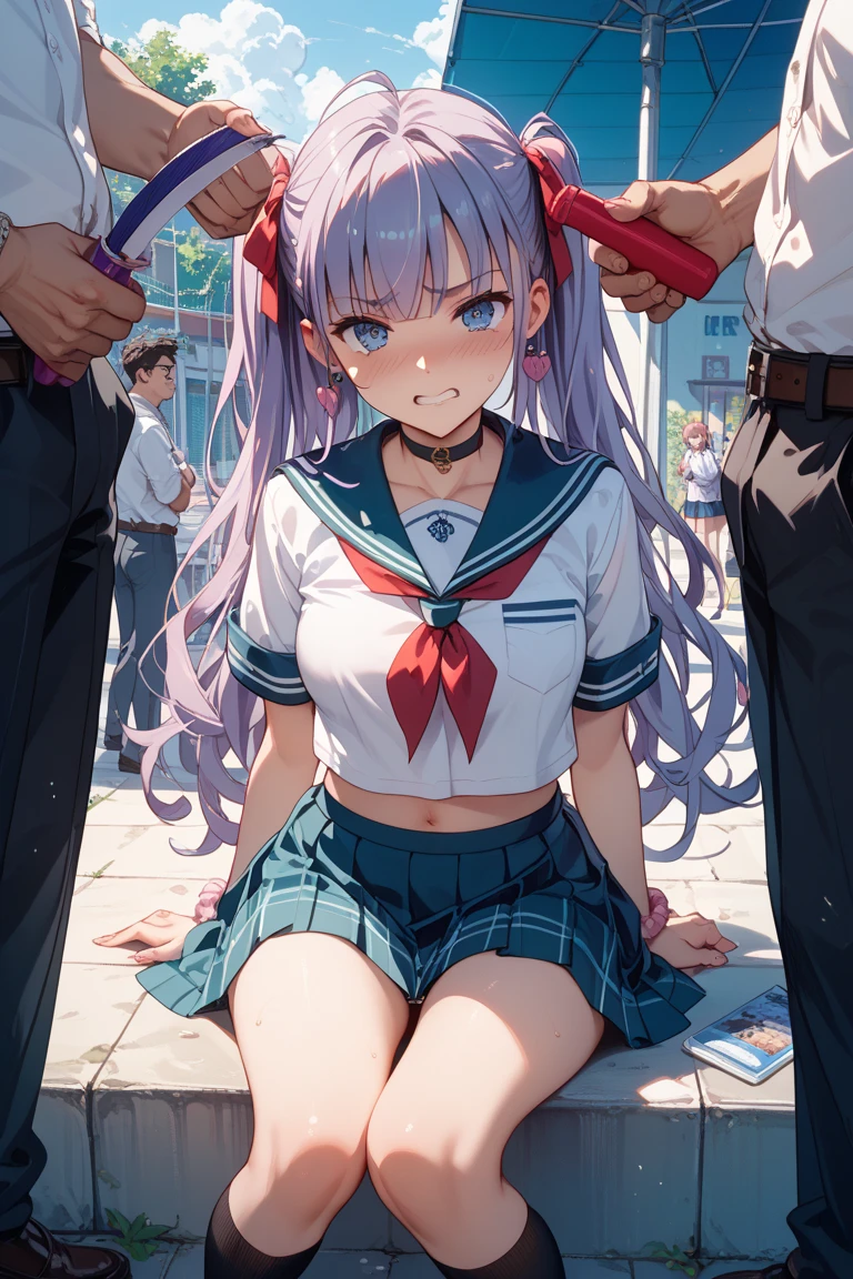 masterpiece, Highest quality, Nico_Yazawa,High resolution, 1 Girl, alone, dark skin、Purple eyes,  , , (Cleavage)、(Beautiful thighs), Carrying a red backpack, (randoseru backpack:1.2) Sweaty、Thick thighs、Highest quality、4K、1girl, 8years old, loli, cute, grin, 、、（In the city）、、Thick thighs、Men holding their penises and surrounding girls、Semen from the penis、Bukkake、Bukkake、（Bukkake）projectile cum、Blowjob、Lots of passersby、Ahegao、low length、、、Handjob、bandaids on nipples,bandaid on pussy,(groin:1.1)、、Spread your legs