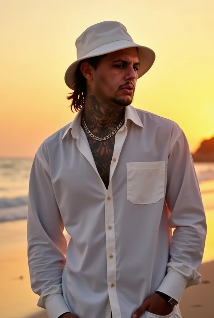 on a beach with white rapper clothes,Long sleeve shirt, gray tattoo on the neck ,a bucket hat, in the background of a sunset on the beach, orange coloring, keep the aspects and I have of this photo , 4k resolution ,