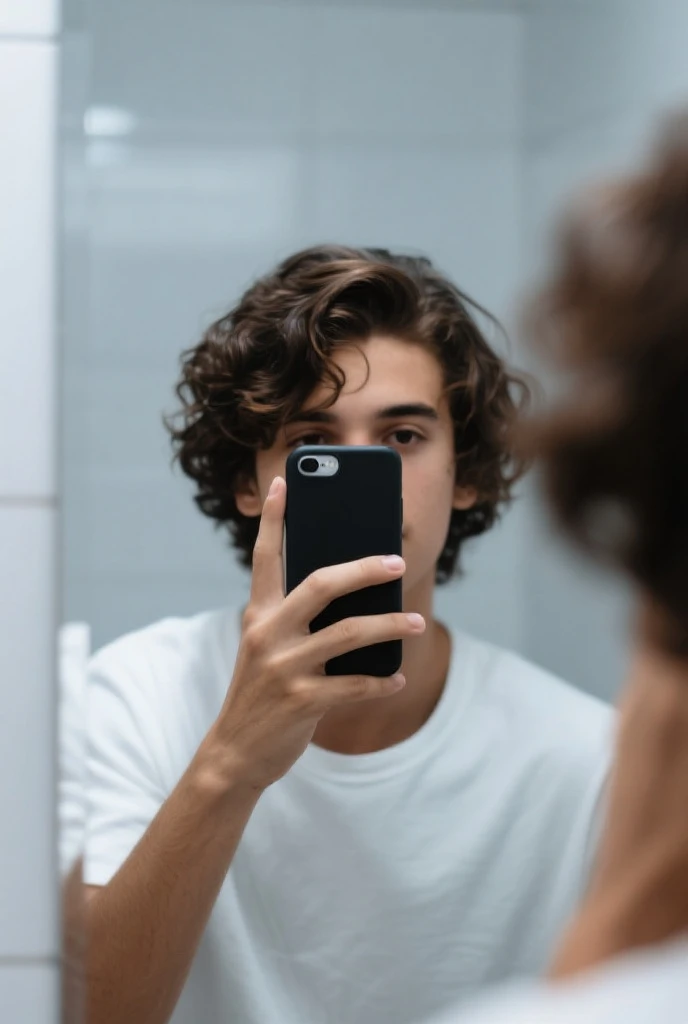 Photo of a man between 25 and 27 years old standing in front of a mirror covering his face with his phone 
