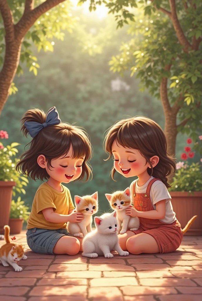 child，Kittens and puppies，Play on the lawn