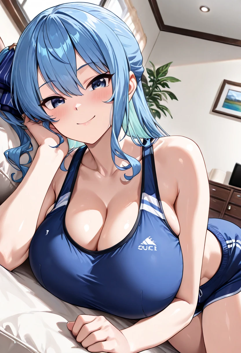 Highest quality, High resolution, 〚(Anime screenshots), Anime Color, 2D, Big eyes, Dark changing room, One girl, Minazuki Karen, (Huge breasts:1.4), Blue one-piece type swimsuit, orgasm, Naughty smile、blush、Wet body、Hot Breath、 View Viewer, Cowboy Shot,, From above、Touching the groin、